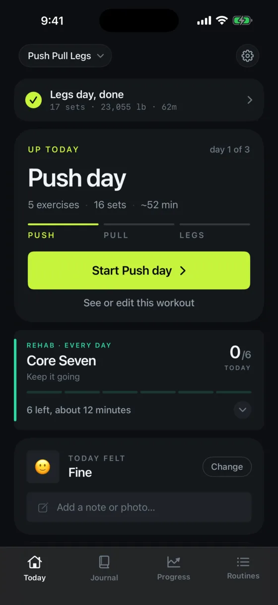 Priora Active's Today screen: Push day, five exercises, sixteen sets, with a rehab checklist below it.